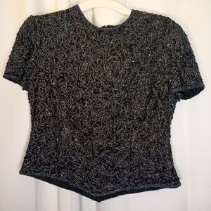 Papell Boutique Evening Vintage Silk Beaded Top Black Floral Formal Goth Angled